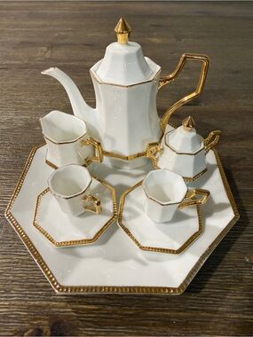 Miniature White and Gold Octagonal Tea Set